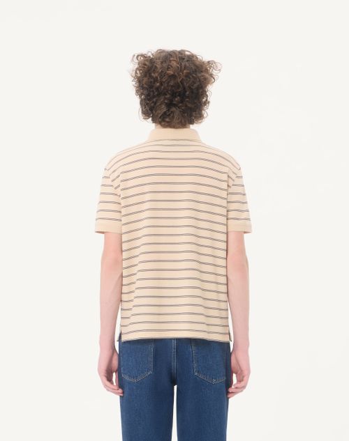 Valentino - Valentino Cotton Pique Polo Shirt With Vgold Stripes - Beige/navy - Man - T-shirts And Sweatshirts